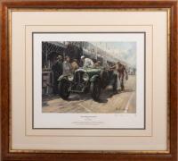 1929 LE MANS: A limited edition (69/850) print by Alan Fearnley, titled 'Winners Pit Stop' featuring the Bentley Speed 6 No.1 as driven by Woolf Barnato & Sir Henry Birkin 1929 Le Mans, framed and glazed, 43cm high, 48cm wide overall