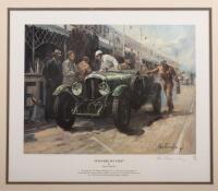1929 LE MANS: A limited edition (69/850) print by Alan Fearnley, titled 'Winners Pit Stop' featuring the Bentley Speed 6 No.1 as driven by Woolf Barnato & Sir Henry Birkin 1929 Le Mans, framed and glazed, 43cm high, 48cm wide overall - 2