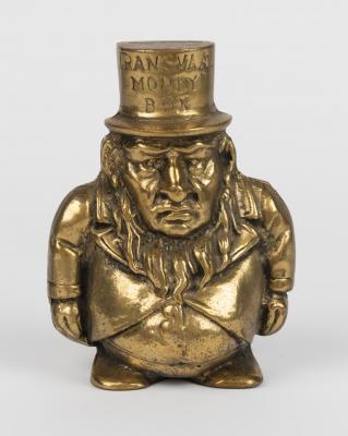 BRASS MONEY BOX: A heavy brasscast of a stoutly gentleman with hat, reading 'TRANSVAAL MONEY BOX'