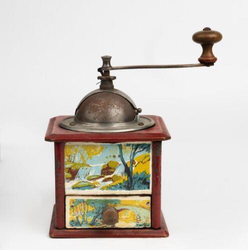 PEUGEOT COFFEE GRINDER: A French Peugeot 'DA' Model Coffee Grinder with 'Decors De Moulins, Serie No.3 Paysages Couleurs' decorations. Circa 1930's