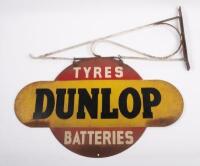 DUNLOP: A excellent original double sided Dunlop Tyres & Batteries screenprinted sign with bracket. Sign measures 61cm wide, 38cm high approx