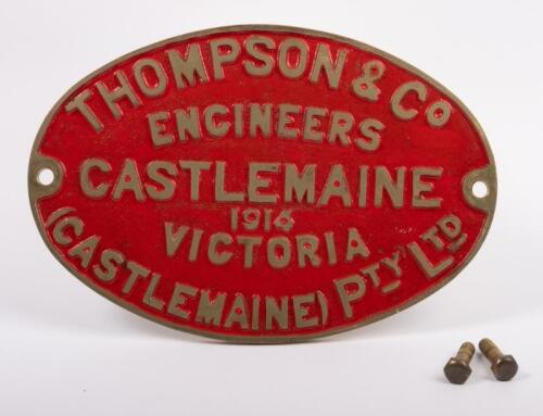 CASTLEMAINE: A large 'Thompson & Co Engineers, Castlemaine 1914 Victoria oval brass plaque