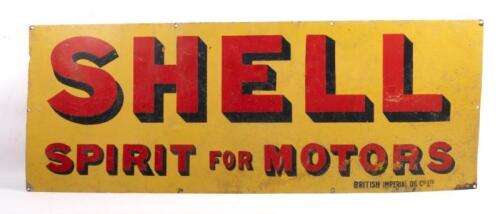 27 · SHELL: A large early 'Shell - Spirit for Motors' sign, 45.5cm high, 122cm wide, has been repainted over enamel