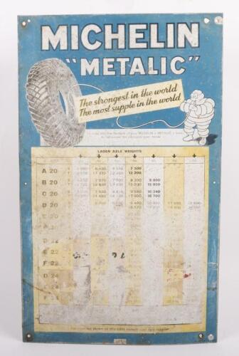 49 · MICHELIN: An original 1955 Michelin Metalic tyres sign featuring charts of laden axle weights and tyre pressures, 52.5cm high, 32cm wide, screenprinted on tin