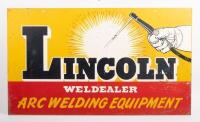 WELDING: A c1970s Lincoln 'Weldealer' Arc welding equipment double sided screenprinted sign, 44cm high, 76cm wide