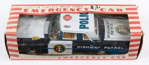 56 · TIN TOY: An excellent Kyoei Japanese tin toy friction powered highway patrol car, possibly in the style of a Ford Galaxie, complete with box, car measures 24cm in length
