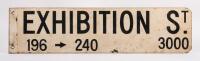 EXHIBITION ST: A c1960s Melbourne CBD 'Exhibition St.' street sign '196-240', double sided, screen printed, 81.5cm wide, 20.5cm high.