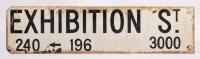 EXHIBITION ST: A c1960s Melbourne CBD 'Exhibition St.' street sign '196-240', double sided, screen printed, 81.5cm wide, 20.5cm high. - 4