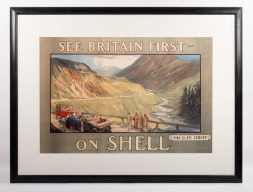 87 · SHELL: A reprint after the original D.Charles Fouqueray artwork 'See Britain First - On SHELL' depicting an early British motoring scene, framed and glazed 85cm high, 112cm wide