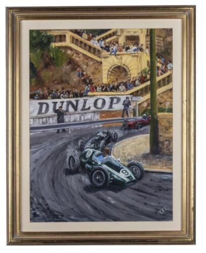 MONACO: An original old painting featuring the works Cooper-Climax rounding Casino corner at the Monaco Grand Prix