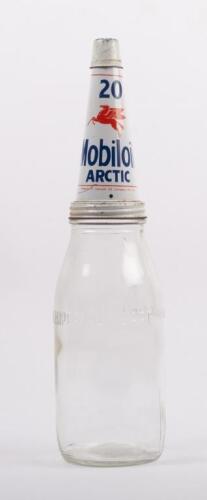 MOBIL: An original one Imperial Quart glass oil bottle with Mobil '20 Arctic' grade tin top pourer with dust cap