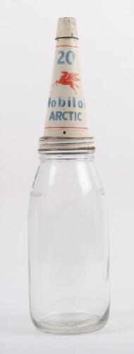 93 · MOBIL: An original one Imperial Quart glass oil bottle with Mobil '20 Arctic' grade tin top pourer with dust cap