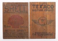 OIL BOX ENDS: Two wooden oil box ends, one marked 'Texaco Motor Spirit' and the other 'Shell Motor Spirit' - 2