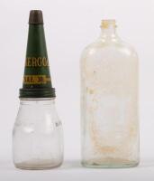 GLASS BOTTLES: Two glass bottles, including a Laurel Kerosene 'Vacuum Oil Company' bottle and a one imperial pint embossed glass oil bottle with Energol tin top