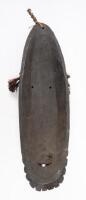 SOUTH PACIFIC TRIBAL MASK: A South Pacific hand carved timber tribe mask with inset shell eyes and bone through nose - 4