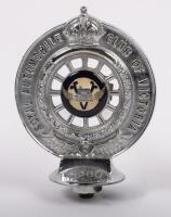 RACV:&nbsp; A Royal Automobile Club of Victoria 'Associate' badge with enameled flat centers&nbsp;consistent with the style of centers used in the c1933-1935 period, numbered to lower '4580', 14.5cm high overall. Manufacture date unknown - 2