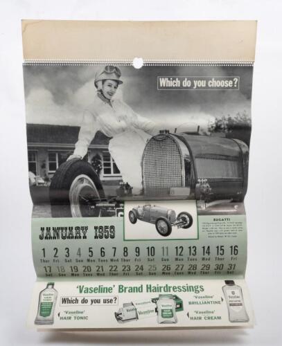 173 · VASELINE CALENDAR: A rare 1959 Victorian issue Vaseline advertising poster, featuring female models with different local vintage, and racing cars