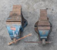 VICES: Two circa 1970s work bench mounted vices one bearing the sticker of (Kasinka)&nbsp;