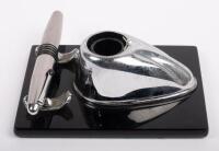 INKWELL: An Art Deco Ranleigh vitrolite glass chrome inkwell desk stand, with Iridium Point Germany fountain pen&nbsp;