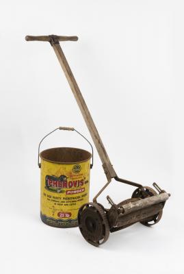 LAWN MOWER: An early hand lawn mower in timber and metal by QUALCAST