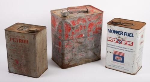 TINS: Three tins including a two gallon running board tin, together with two one gallon tins including Ampol Rover Mower Fuel tin
