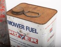 TINS: Three tins including a two gallon running board tin, together with two one gallon tins including Ampol Rover Mower Fuel tin - 3