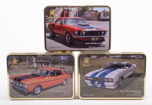 FORD: Three Mac's Butter Shortbread Fingers tins with embossed Ford model pictures on lid, includes 1969 Mustang, XY Falcon, XC Falcon