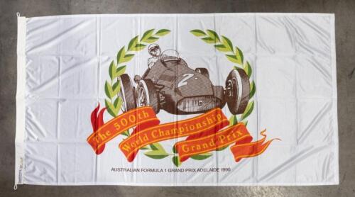 AGP: A new old stock Australian Formula One Grand Prix Adelaide 1990, '500th World Championship Grand Prix' fabric flag, 98.5cm high, 183cm wide
