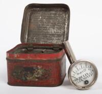 MICHELIN: A fine c1900 French 'Michelin & Cie&nbsp;Clermont Ferrand' tyre pressure gauge, within tin, tin with pictorial scenes to either side