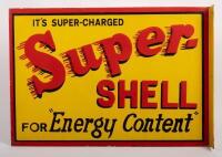 SHELL: A high quality reproduction double sided post mount 'Super Shell' sign, 36cm high, 52cm wide