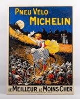 MICHELIN: A high quality modern enamel sign by Garage Art Enamel featuring the 1911 artwork of Louis Theophile Hingre&nbsp;'Pneu Velo Michelin' 'Le Meilleur, Le Moins Cher' 81.5cm high, 61cm wide