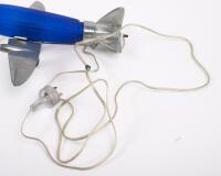 DC3 AIRPLANE LAMP: An Art Deco styled lamp in the form of a Douglas DC3 airplane, featuring interchangeable shades (Blue and Frosted White) believed to be a reproduction after the&nbsp;Sarsaparilla designs lamps. Measures approximately 34cm in length, 33cm wid - 4