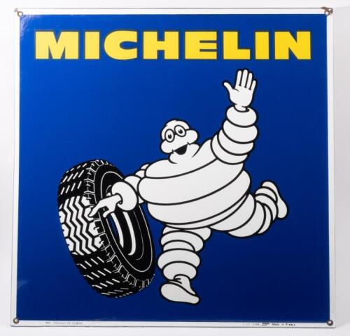 MICHELIN: An excellent original 1977 dated Michelin squared edge enamel sign featuring waving Michelin Bibendum 65cm high, 65cm wide.