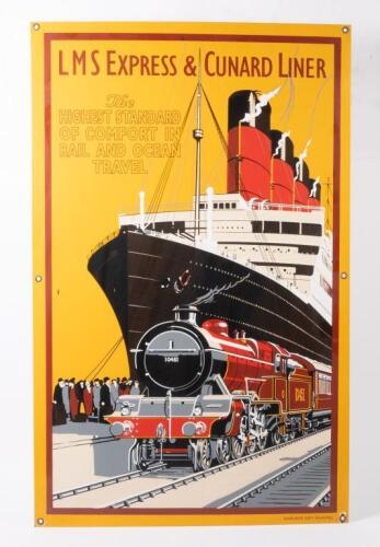 LMS CUNARD LINER: A high quality c1990s 'LMS Express & Cunard Liner' enamel sign, 85cm high, 54cm wide, manufactured by 'Garage Art Enamel'