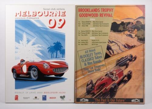 POSTERS: Two block mounted posters, including Ferrari Club Victoria 2009 Concours and Brooklands Trophy Goodwood Revival 04,05,06 results poster, 59.5cm high, 42cm wide, 2cm deep each.