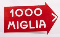 MIGLIA: A double sided enamel '1000 Miglia' Mille Miglia arrow form enamel sign, 40cm high, 65cm wide
