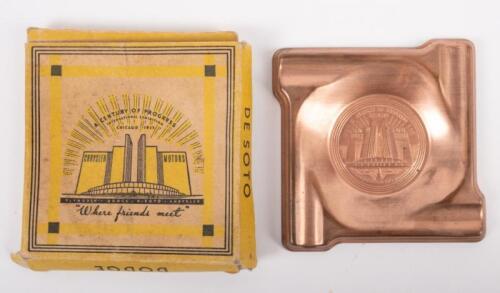 CHRYSLER: A nice 1933 pressed metal ashtray 'A Century of Progress Chicago 1933' Chrysler Motors (Plymouth, Dodge, De Soto, Chrysler) within original box, measures approx 7.5cm by 7.5cm