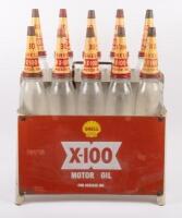 SHELL: An excellent complete Shell X-100 Motor Oil ten bottle oil rack, complete with ten glass quart bottles with tin tops and dustcaps