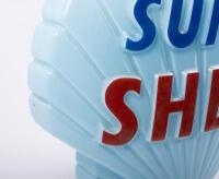 SHELL: A c1960s 'Super Shell' blue glass petrol pump globe, manufactured by Hailware, measures approximately 45cm high, 43cm wide - 3