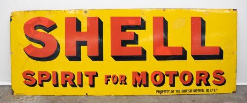18A · SHELL: An original enamel Shell 'Spirit For Motors' sign by Simpson & Son Ltd Adelaide, 46cm high, 123cm wide