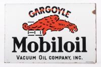 MOBILOIL: An excellent original enamel Mobiloil 'Gargoyle' Vacuum Oil Company flange sign by German enamellers 'C.Robert Dold, Offenburg Ltd' 39.5cm high, 61cm wide