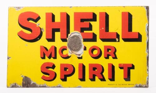 26 · SHELL: An original enamel Shell 'Motor Spirit' flange sign by 'Vic Enamel Works Geelong' stamped to the lower with the makers mark and to either side 'Property of the British Imperial Co Ltd' 33cm high, 57.5cm wide