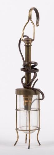 WORK LIGHT: A small brass hanging work light, 30cm high overall