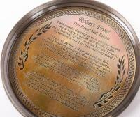 COMPASS: A vintage brass compass within a circular casing, engraved to inside of casing with Robert Frost 'The Road Not Taken' poem, approximately 8cm in diameter - 2