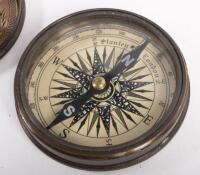 COMPASS: A vintage brass compass within a circular casing, engraved to inside of casing with Robert Frost 'The Road Not Taken' poem, approximately 8cm in diameter - 3
