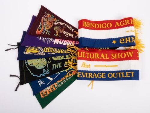 PENNANTS & SASHES: A group of pennants and sashes, pennants including Tasmania, Sale VIC, Melbourne, Geelong and others, together with Bendigo Agriculture Show 'Champion' & 'Best Speciality Beverage Outlet' award sashes.