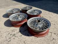 AUSTIN-HEALEY: A set of 5, 60 spoke wire wheels measuring 5 x 15", to suit later 6 cylinder Healey models and other british sports cars. [Location: Sydney] - 2