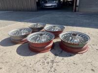AUSTIN-HEALEY: A set of 5, 60 spoke wire wheels measuring 5 x 15", to suit later 6 cylinder Healey models and other british sports cars. [Location: Sydney] - 3