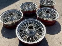 AUSTIN-HEALEY: A set of 5, 60 spoke wire wheels measuring 5 x 15", to suit later 6 cylinder Healey models and other british sports cars. [Location: Sydney] - 4