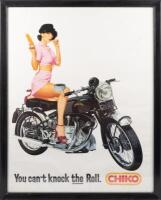 An original Vincent 'You can't knock the Roll - Chicko' poster depicting a woman sitting on black Vincent with Chiko roll,&nbsp;73cm high, 57.5cm wide